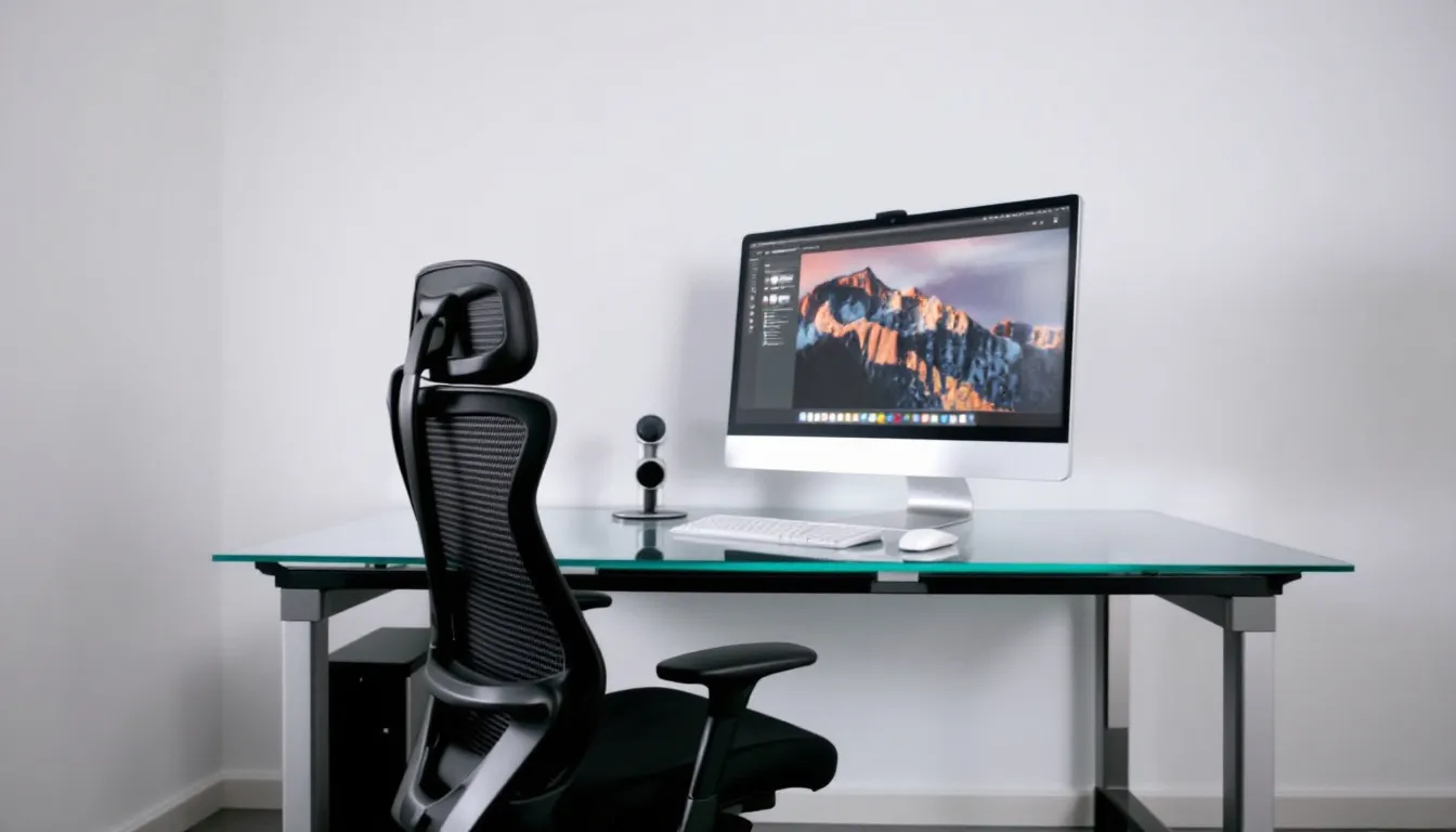 Um escritório moderno apresenta móveis elegantes e equipamentos de informática, como computadores e impressoras, que são considerados ativos imobilizados essenciais para a operação da empresa. Esses bens duráveis, com uma vida útil superior a um ano, são fundamentais para a contabilidade e a gestão eficiente das atividades empresariais.