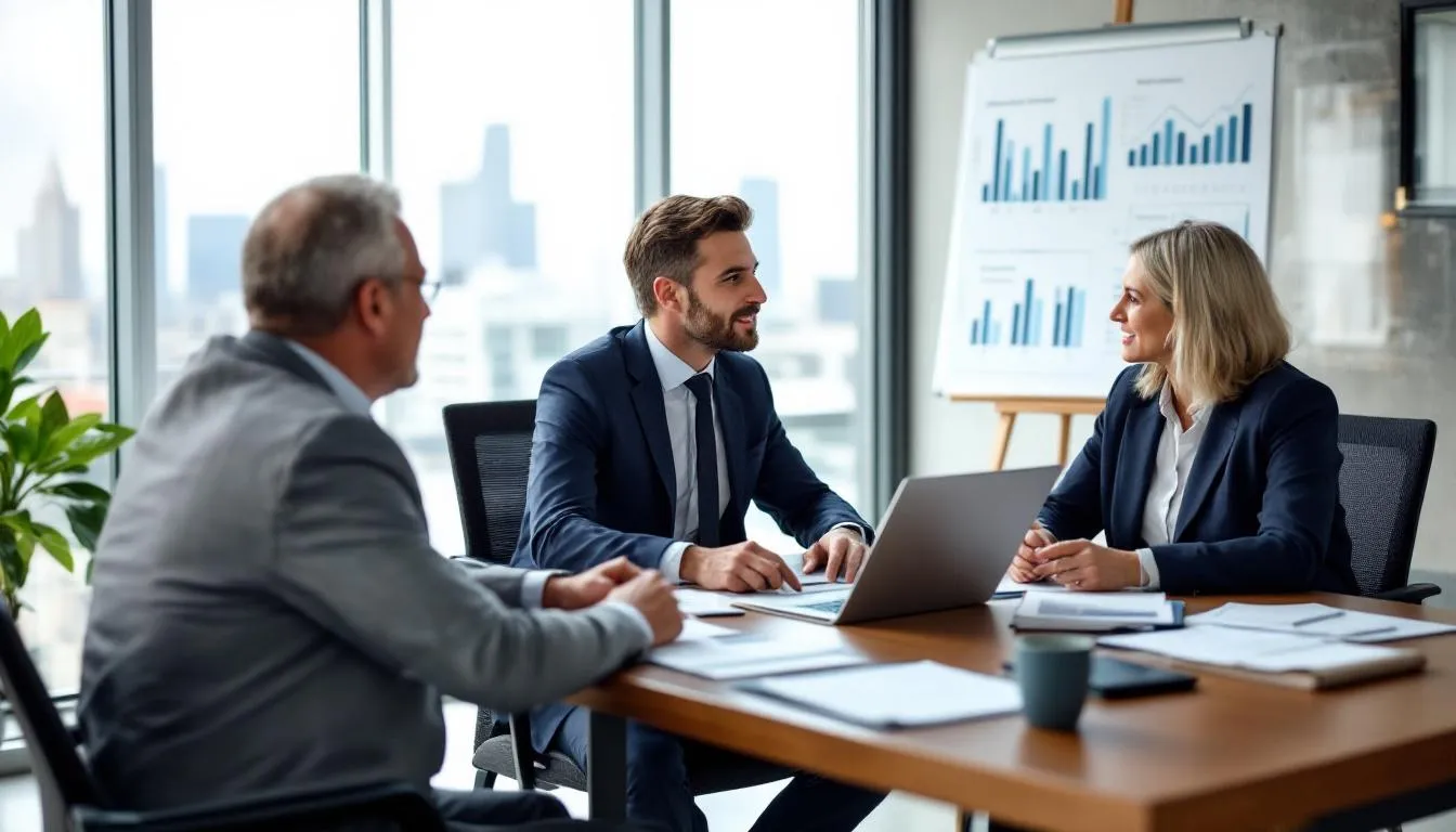 A financial advisor is seated with small business owners, discussing various retirement plans, including defined benefit plans and 401(k) plans, to help them understand their options for providing retirement benefits to their employees. The meeting emphasizes the importance of planning for retirement income and the tax advantages associated with different retirement savings strategies.