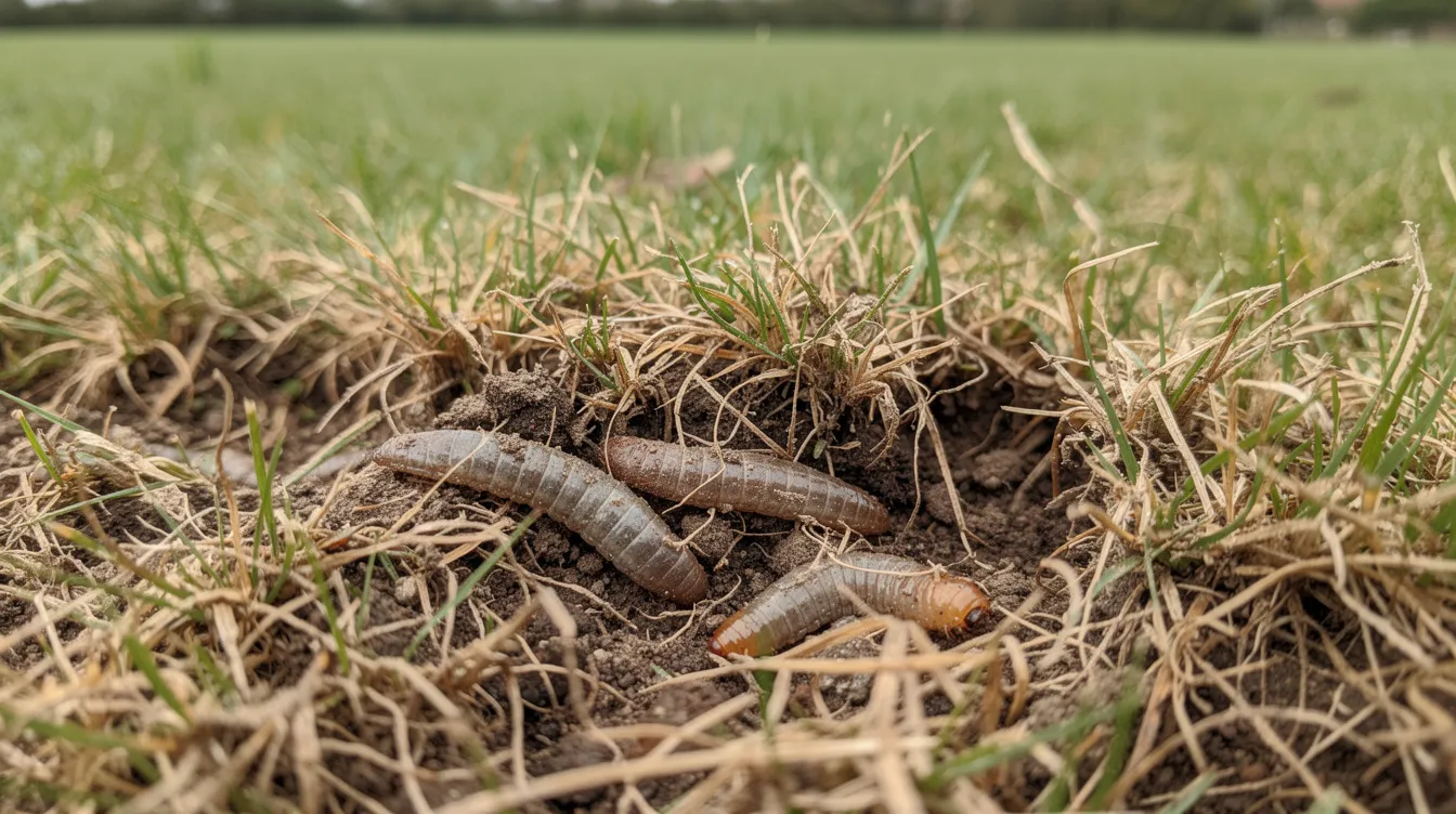 The image depicts a lawn affected by a chafer grub infestation, showing patches of damaged grass with visible bare soil and small holes where the grubs have been feeding on the roots. In the background, you can see adult chafer beetles and larger birds, such as crows and starlings, that may be digging for these pests.