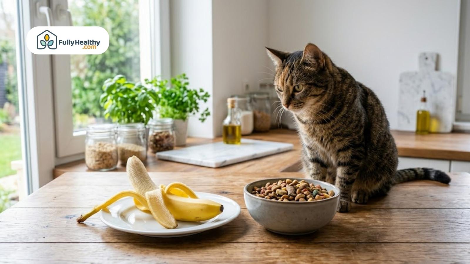 Tabby cat choosing between banana and bowl of dry pet food
