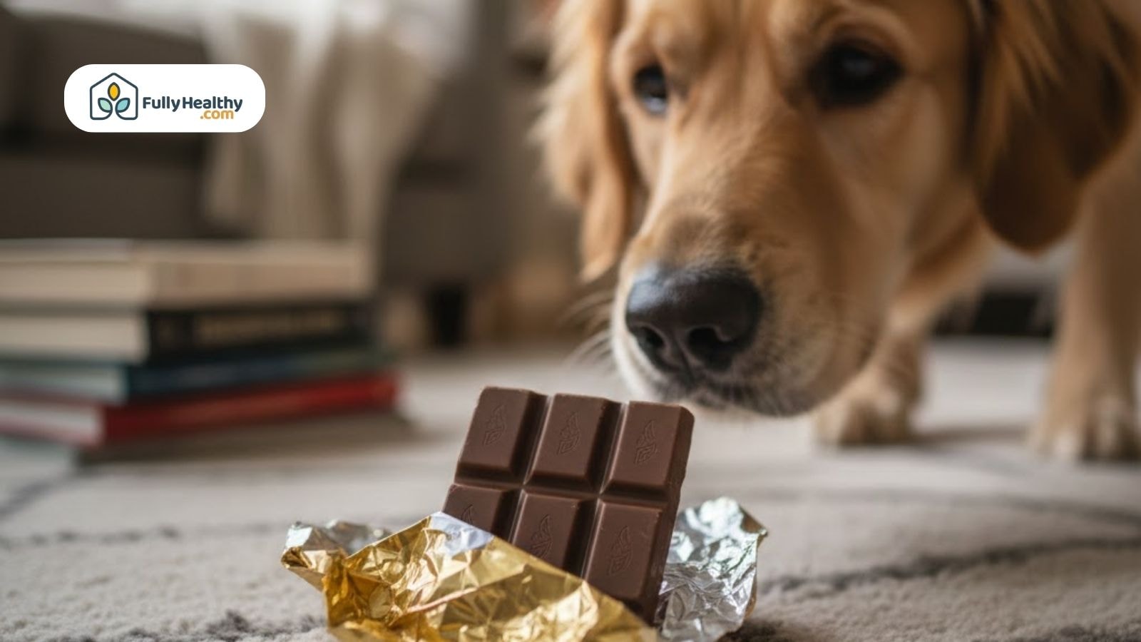 Golden Retriever sniffing unwrapped chocolate bar on living room floor