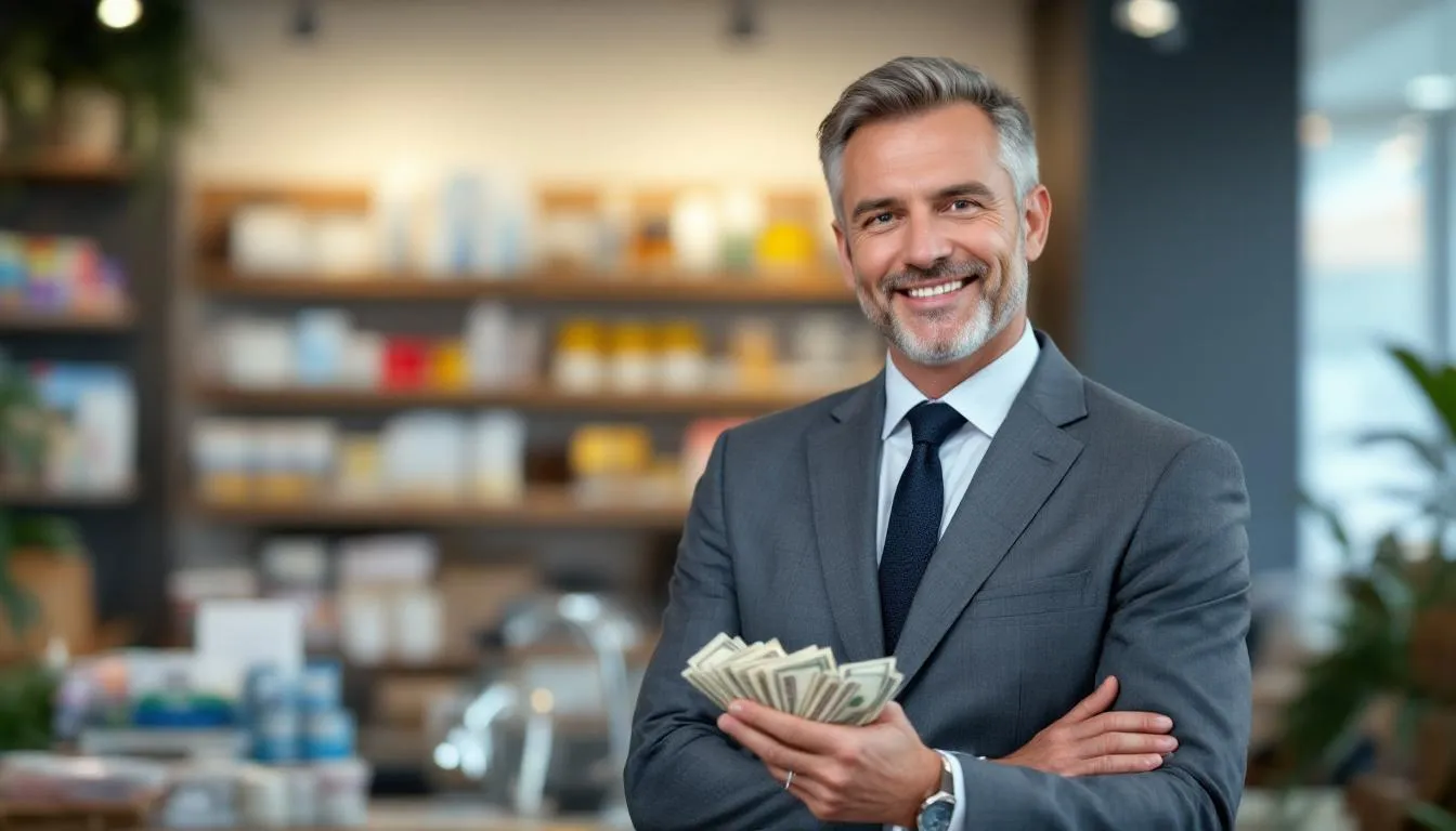 A confident small business owner stands proudly in their local shop, exuding professionalism and success after receiving a business cash advance. The subject matter and well-organized space reflects a thriving company, showcasing the owner's dedication to their work and ability to pay back the advance..