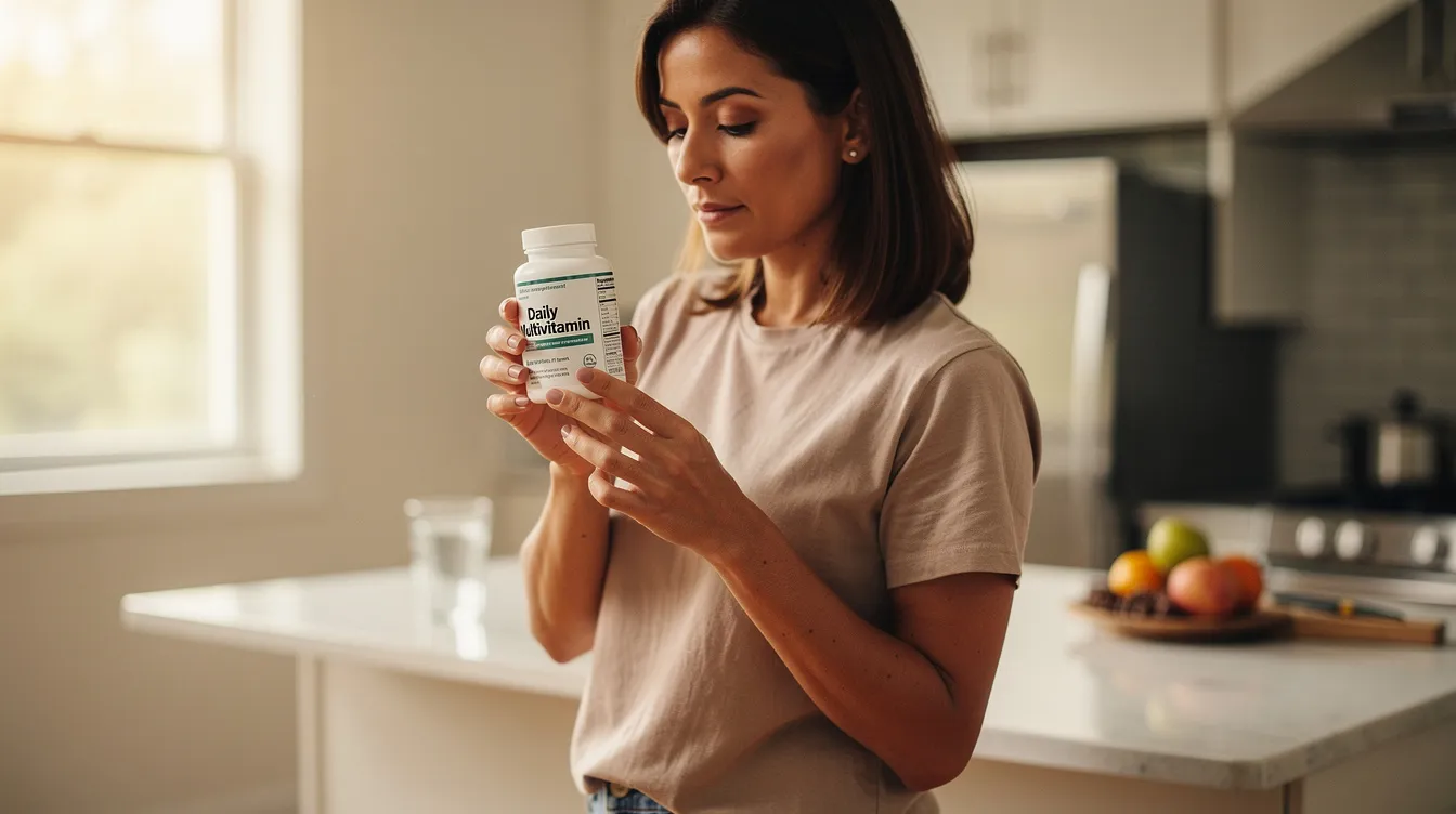 An adult is standing in a kitchen, intently reading a label on a dietary supplement, likely focused on brain health. The scene emphasizes the importance of brain supplements for cognitive function and overall health, as the individual explores options to support brain health and protect brain cells.