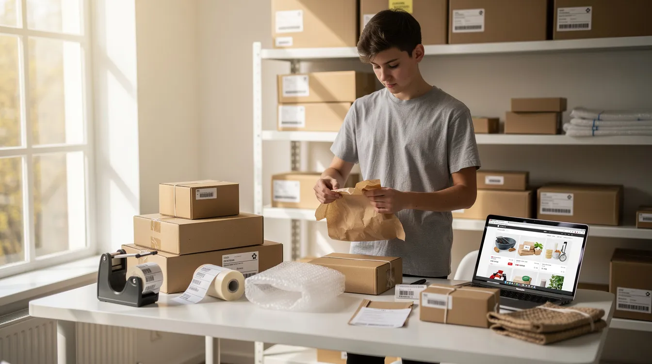 A small business owner is seen preparing parcels for an online store in a bright and organized workspace, showcasing the essential business operations involved in running an ecommerce platform. The image highlights the importance of efficient packaging for online sales of both physical and digital products.