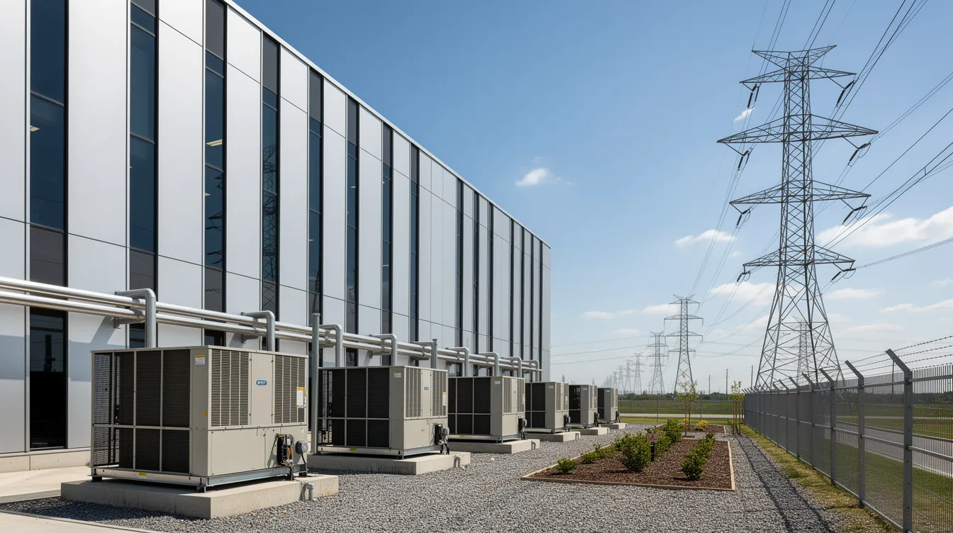 The image depicts a modern data center building exterior, featuring large cooling equipment and high-voltage power lines in the background, symbolizing the energy industry’s focus on efficiency and power generation. This setting reflects the intersection of technology and energy, crucial for supporting renewable energy projects and energy transactions.