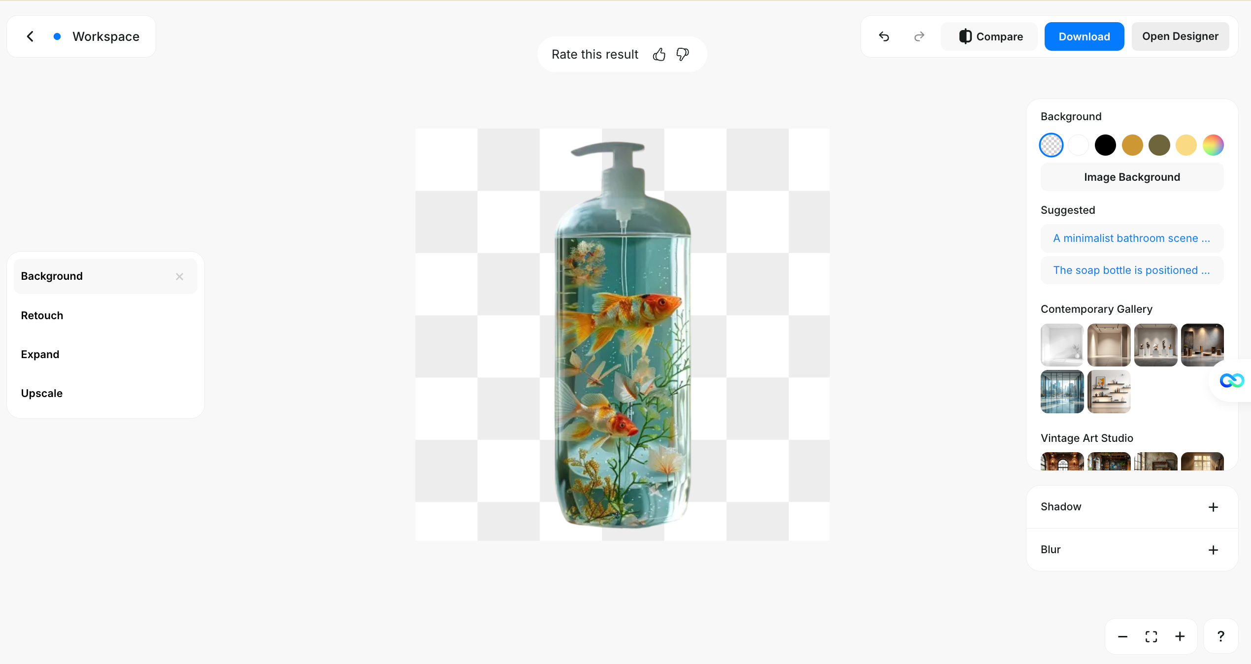 Pixelcut AI tool showing a soap bottle mockup with goldfish on a transparent background, surrounded by basic editing features and suggested preset backgrounds for quick customization.