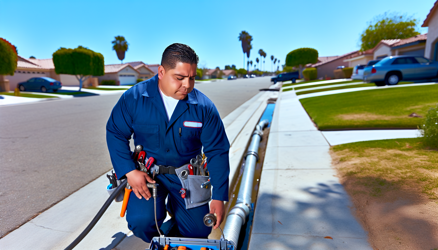 A plumber inspecting a sewer line for potential issues in Downey, CA