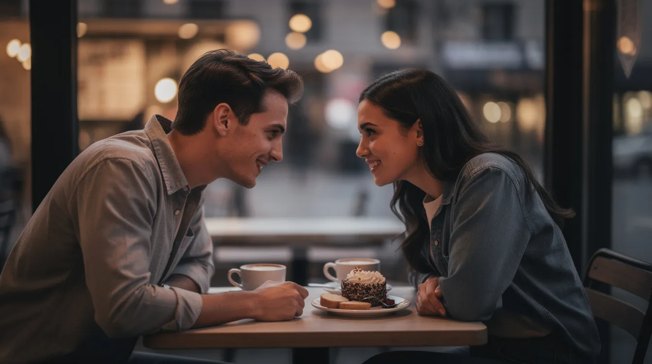 A couple sits across from each other at a cozy restaurant, engaged in a deep conversation about their past relationships and future goals, showcasing their mutual understanding and emotional availability. Their body language reflects a commitment to building a meaningful relationship, as they navigate the dating world with open communication and a focus on their core values.