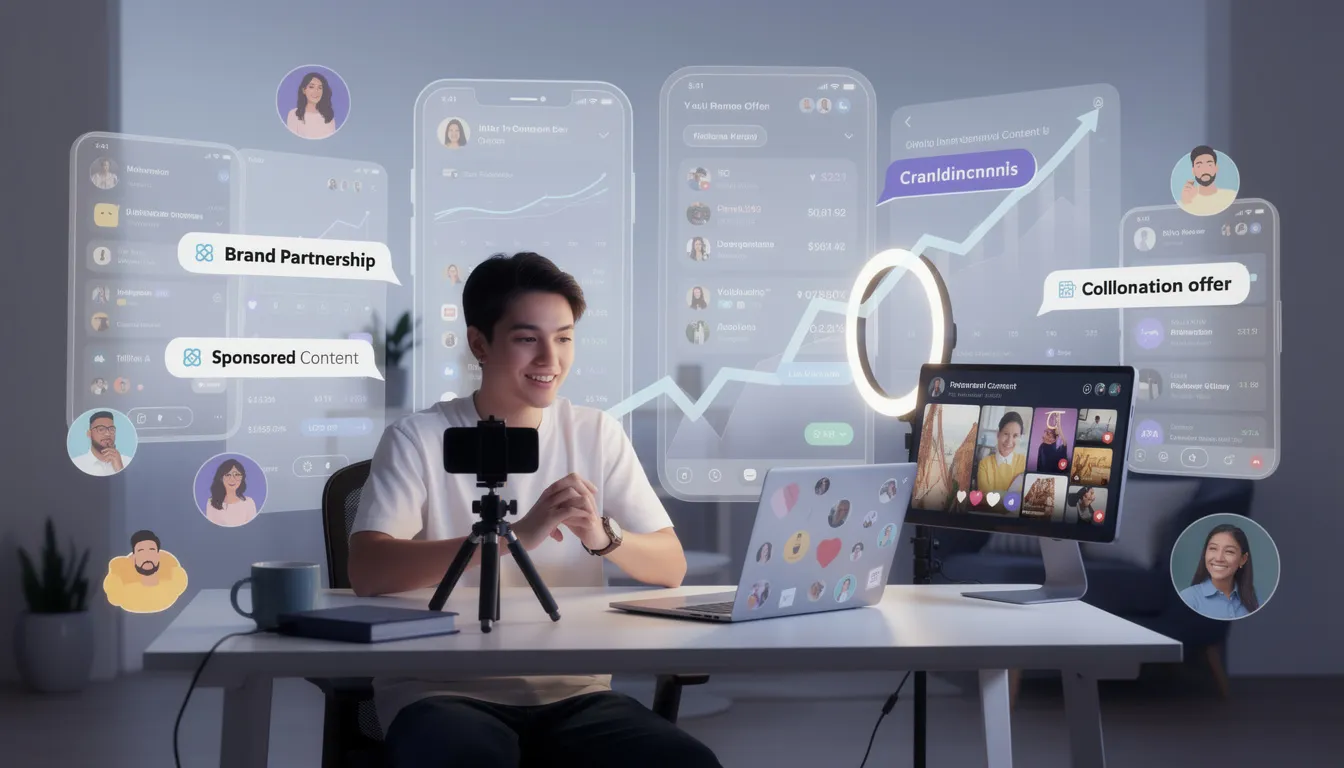 The image depicts a diverse group of content creators collaborating on a project, showcasing their skills in content creation for various social media platforms. They are engaged in discussions about user generated content, emphasizing the importance of authentic content and building a strong UGC portfolio to connect with brands and audiences effectively.