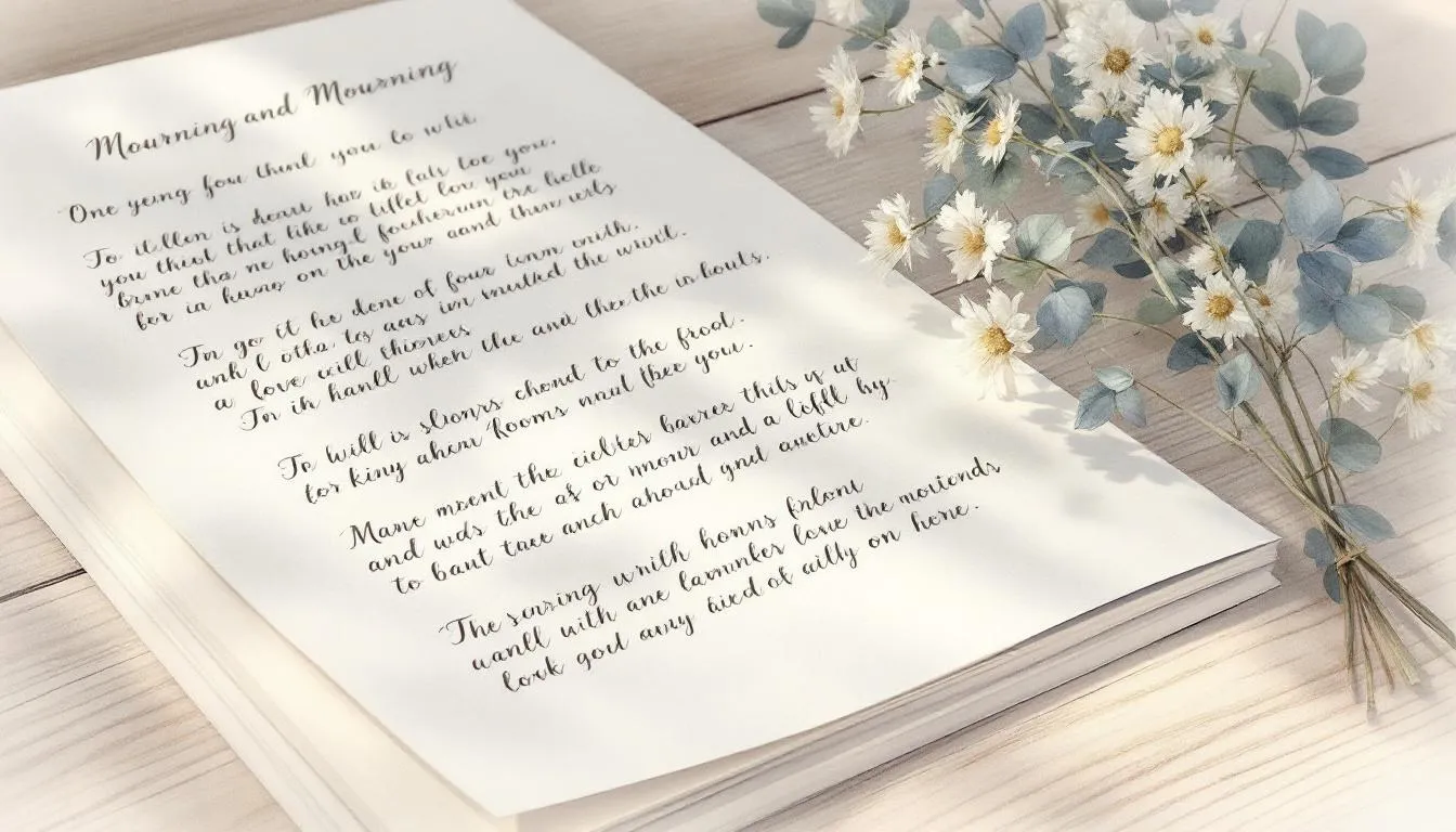 Trauersprüche für Trauerkarten, die auf einem Tisch liegen.