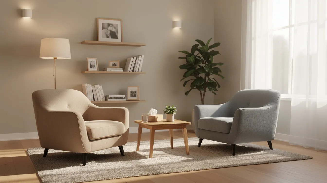 The image depicts a serene therapy office featuring comfortable chairs bathed in natural light, creating a welcoming atmosphere for mental health services. This calming environment is ideal for therapy sessions, emphasizing the importance of mental health care and the support provided by mental health professionals.