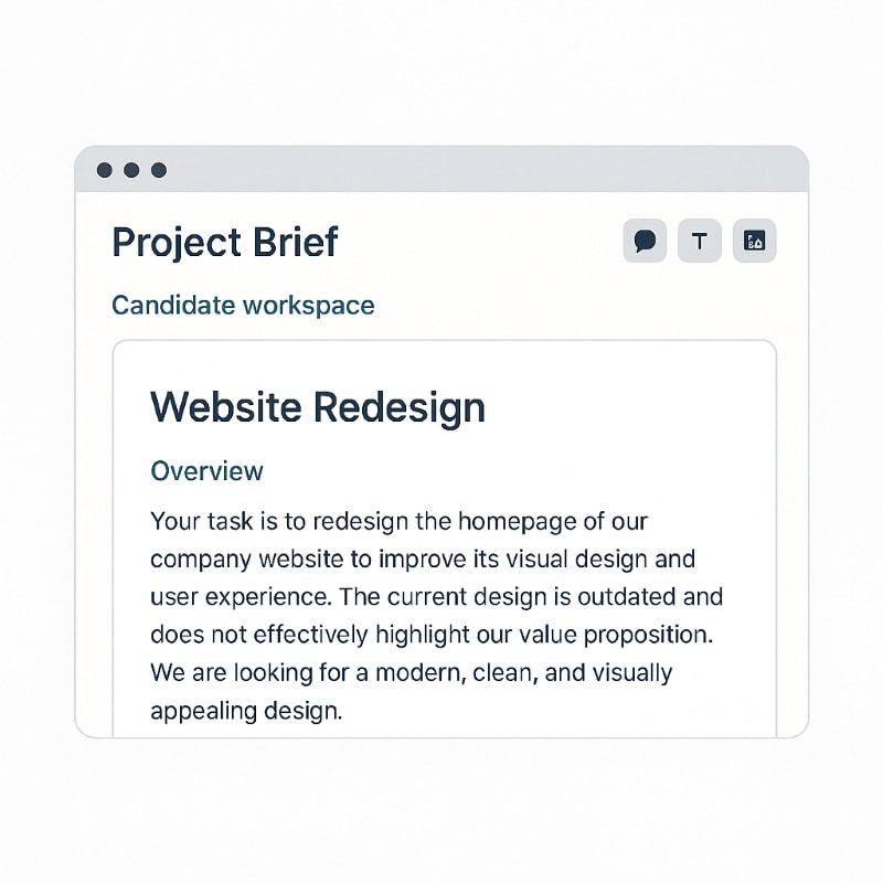 A virtual workspace interface titled "Project Brief" showing a sample task labeled "Website Redesign." The candidate workspace includes a clear project overview instructing the user to redesign a company homepage for better visual design and user experience. The layout is clean and minimalist, using navy blue and white with modern sans-serif typography, matching a professional HR evaluation tool aesthetic.