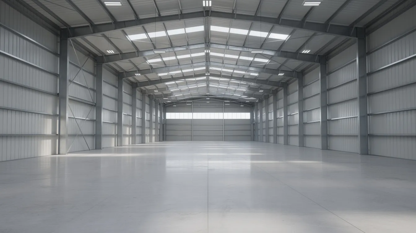 1f1a6212 cecf 4476 9324 4fcae9368023 The image depicts the interior of a large steel pre-engineered warehouse building, featuring high ceiling trusses and a smooth concrete floor, designed for efficient bulk grain storage. This commercial facility showcases ample storage capacity, allowing for the safe and organized storage of various grains, while facilitating loading and unloading operations.