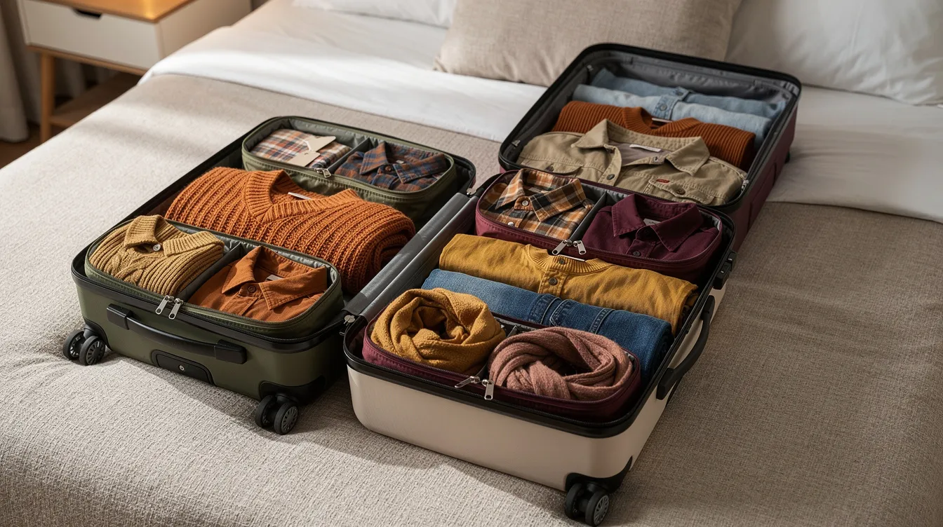 The image shows an open carry-on suitcase on a bed, featuring neatly arranged packing cubes in various colors, with fall clothing such as long underwear and warm layers visible inside, perfect for an upcoming weekend trip or backpacking adventure. The organized packing suggests thoughtful preparation for a great trip, highlighting the importance of packing light.