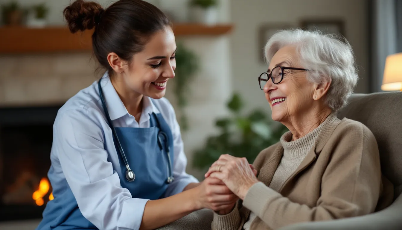 A compassionate caregiver assisting an elderly person in their home, representing in home care services in Houston.