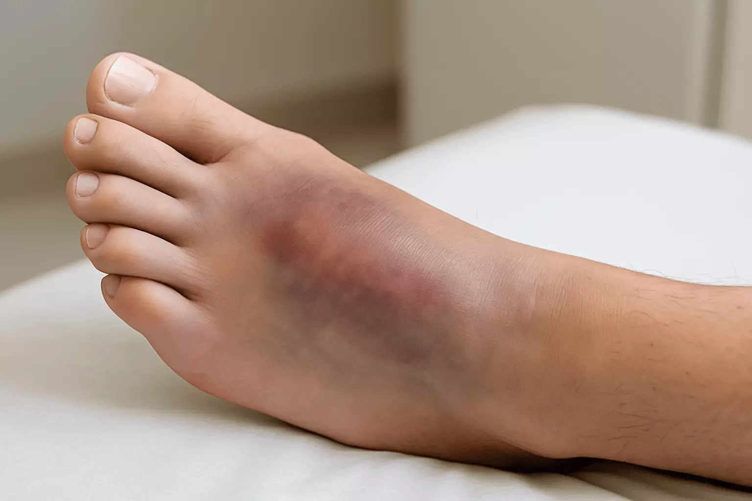 Close-up of a bruised, swollen outer ankle and foot showing lateral pain signs that can affect peroneal tendonitis recovery time.