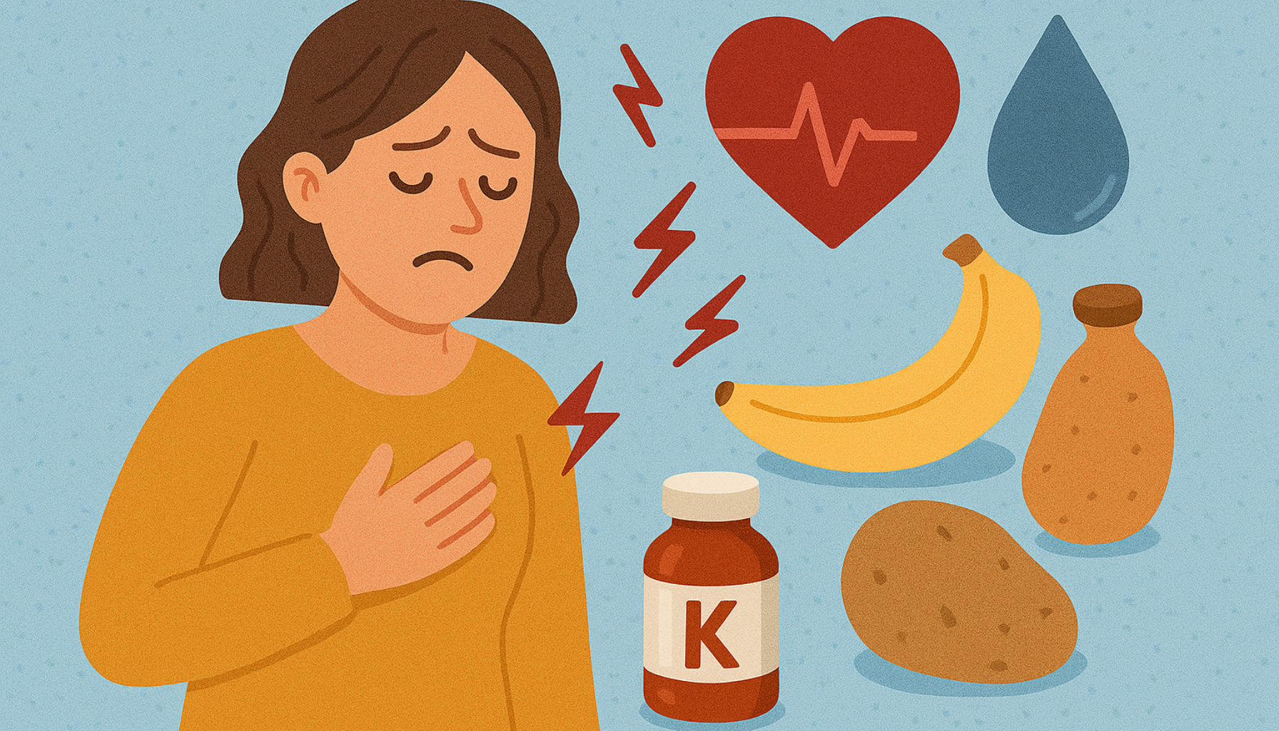Kvinne med ubehag i brystet, omgitt av kaliumrike matvarer som banan og potet, samt symboler på lavt kaliumnivå i kroppen.