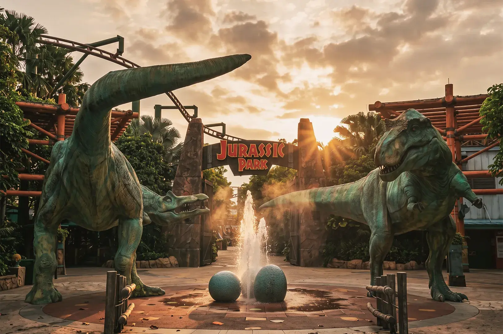 Jurassic Park entrance at Universal Studios Singapore with large dinosaur sculptures, fountain, and sunset lighting creating a cinematic atmosphere.