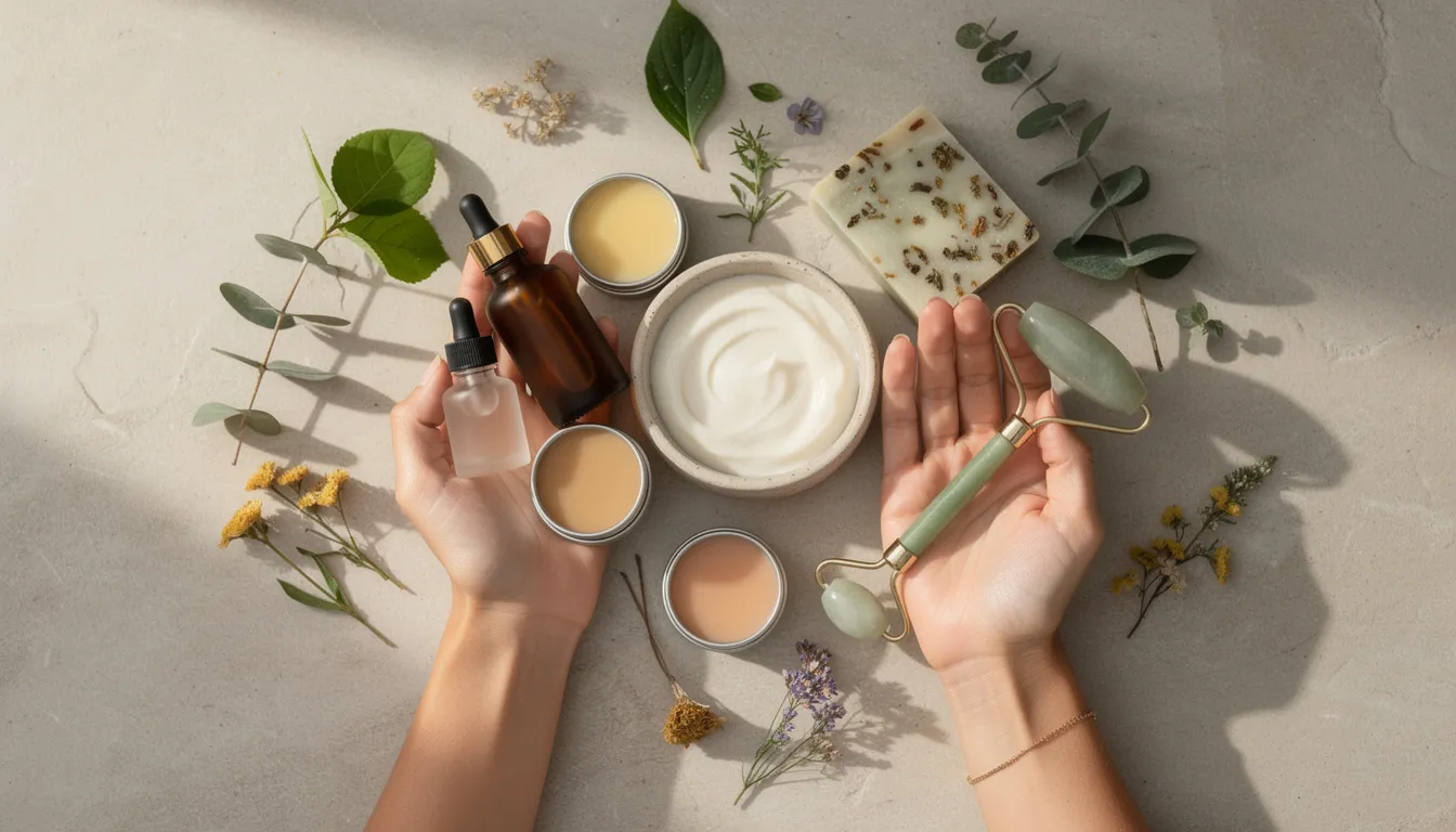 A person's hands are gently holding an assortment of natural skincare and wellness products, including essential oils, bath salts, and a full moon bath bomb, showcasing the joy of a self care subscription box. This curated collection represents self care essentials from small businesses, perfect for nurturing well-being and relaxation.