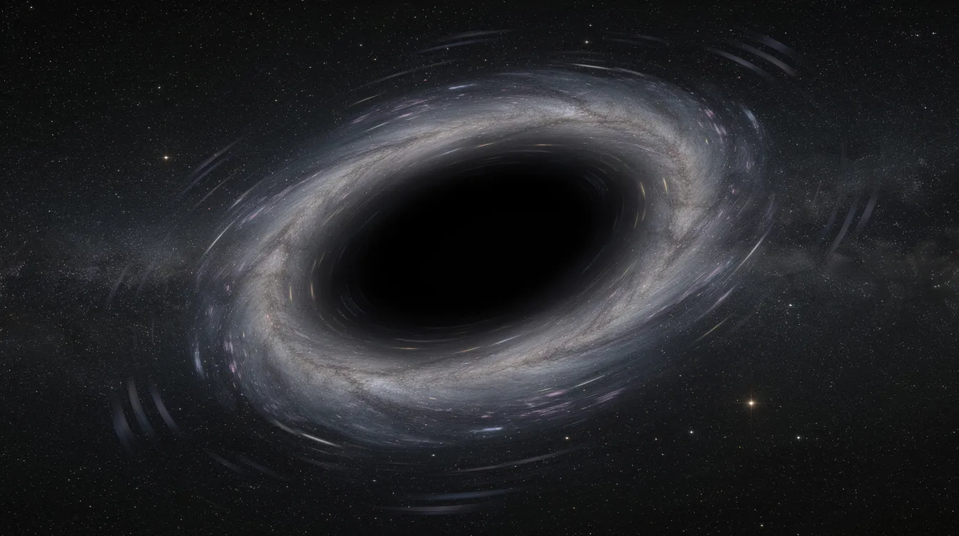 The image depicts a dark artistic rendering of a swirling black hole in deep space, evoking a sense of mystery and intrigue. The swirling patterns and deep shadows create a captivating visual that invites viewers to ponder the vastness of the universe.