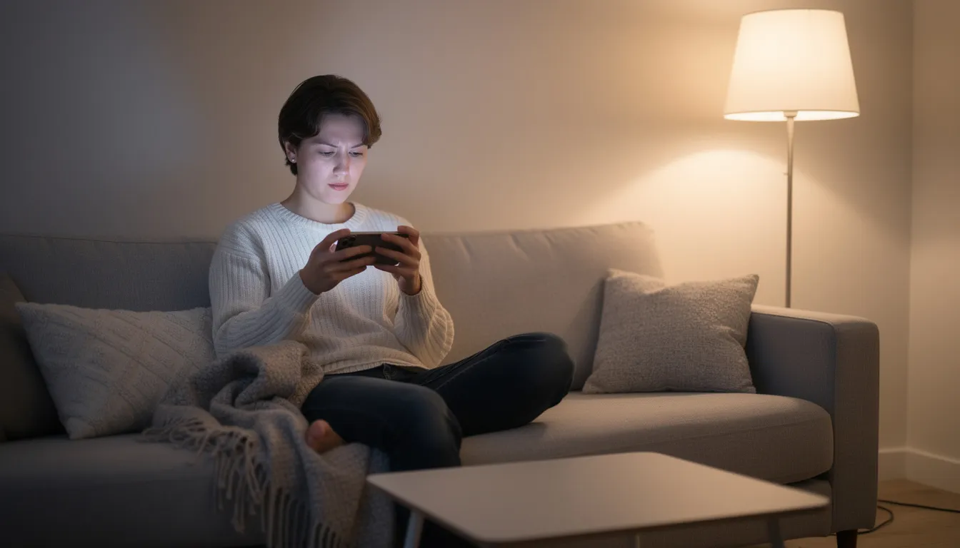 En person sitter bekvämt i en soffa och spelar på sin mobiltelefon, förmodligen med fokus på ett online casino-spel som kan inkludera titlar som "gates of olympus" eller "book of dead". Mobilen visar en färgglad spelgränssnitt, vilket tyder på att spelaren är engagerad i att utforska nya spelmöjligheter hos lokefreja casino.