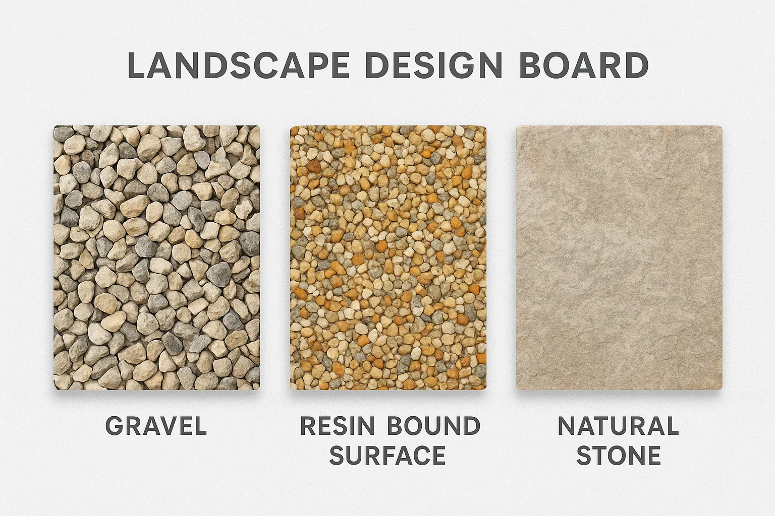 Selection of garden and driveway materials including resin, gravel, and stone.