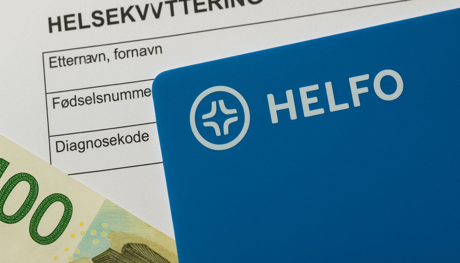 Norsk helsekort og refusjonsskjema på bord med eurosedler, illustrerer økonomisk støtte fra HELFO til tannhelse og behandling."