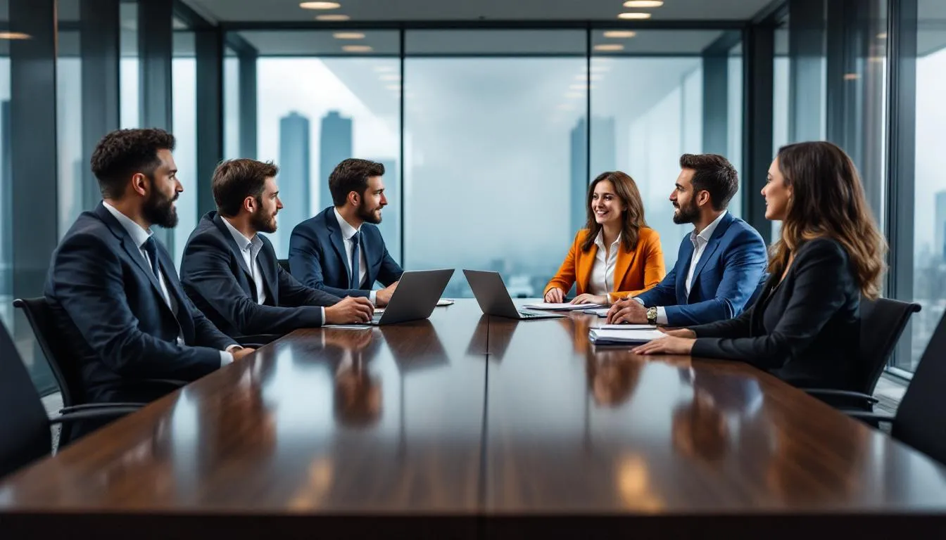 A diverse professional team is gathered around a conference table, actively discussing their marketing strategy, including search engine optimization (SEO) efforts and keyword research to improve website performance and search engine rankings. They are collaborating to enhance their SEO campaign and address technical issues for better organic traffic and conversion rates.