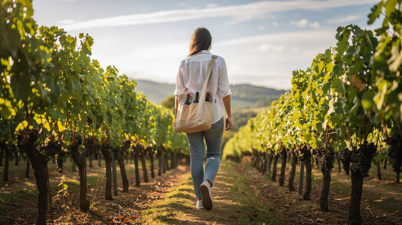 A person is walking through a picturesque vineyard, carrying a stylish wine tote bag over their shoulder, perfect for transporting precious bottles. The scene captures the essence of wine lovers enjoying a leisurely stroll among the grapevines, highlighting the elegance and convenience of wine travel bags.