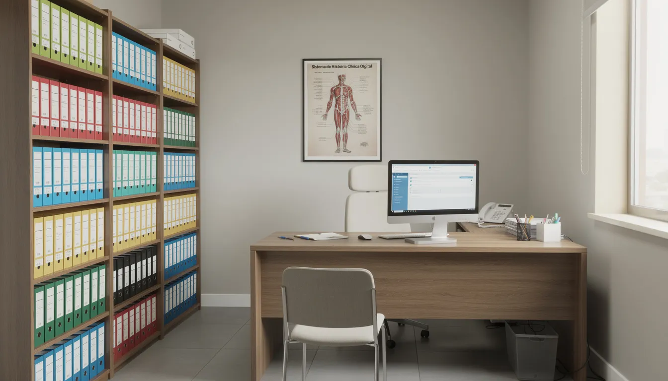 Imagen de un consultorio médico bien organizado, donde a la izquierda se observan archivos físicos que contienen documentos de pacientes y a la derecha una computadora que gestiona el expediente clínico de manera digital, asegurando la protección y seguridad de la información. Este entorno refleja la atención y gestión de datos en el sector salud.