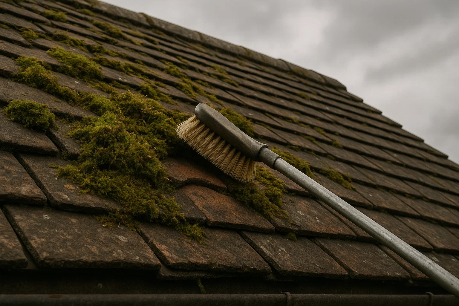 A UK roof having moss removed with a soft brush to prevent damage.