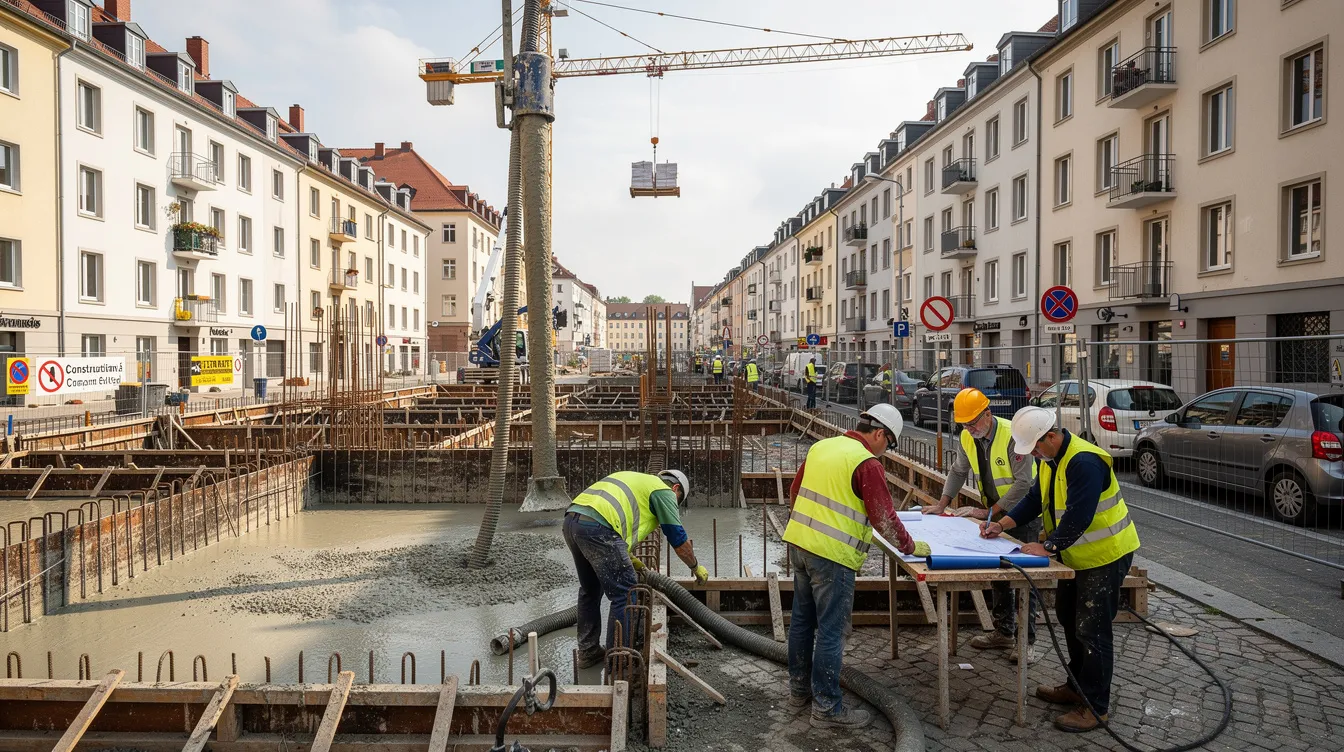 The image depicts a busy construction site in a European city, with workers actively engaged in building a concrete structure. This scene highlights the job opportunities available in the construction sector, relevant for those seeking a Lithuania work permit visa, especially for Bangladeshi workers looking to explore employment options in Schengen countries.