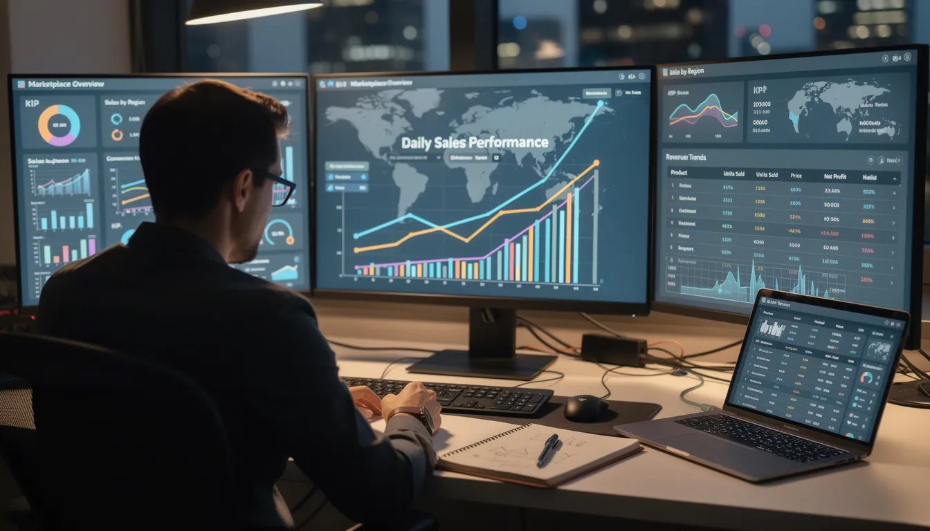 An entrepreneur is focused on analyzing online sales data displayed across multiple screens, each showcasing different marketplace dashboards like eBay and Facebook Marketplace. The screens reveal insights into transaction fees, selling prices, and product categories, helping the entrepreneur strategize for more sales and connect with interested buyers.