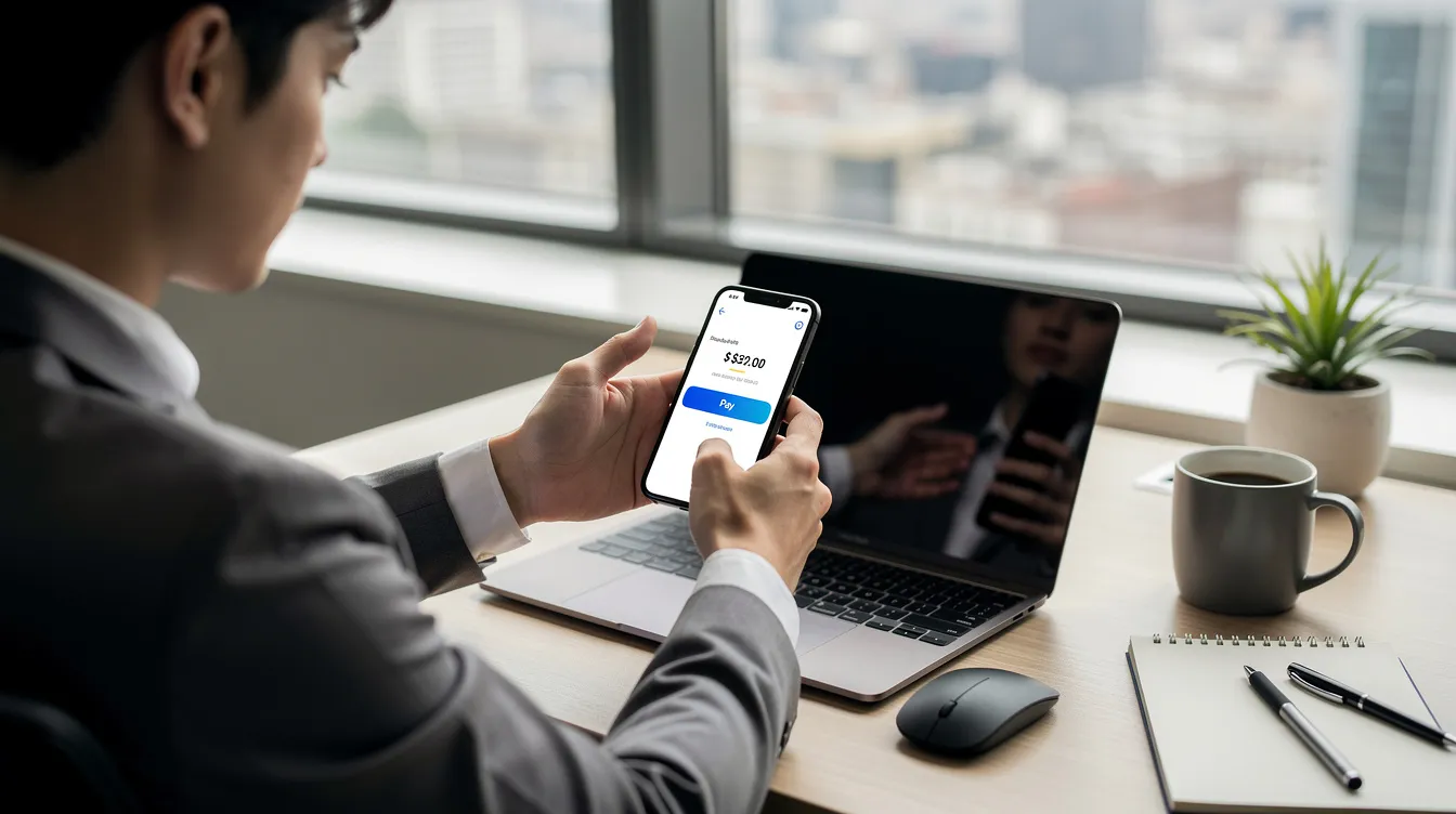 The image shows a person sitting at a desk, using a smartphone to make a digital payment, possibly for an international money transfer. The scene captures the convenience of online banking and sending money abroad through various payment methods.