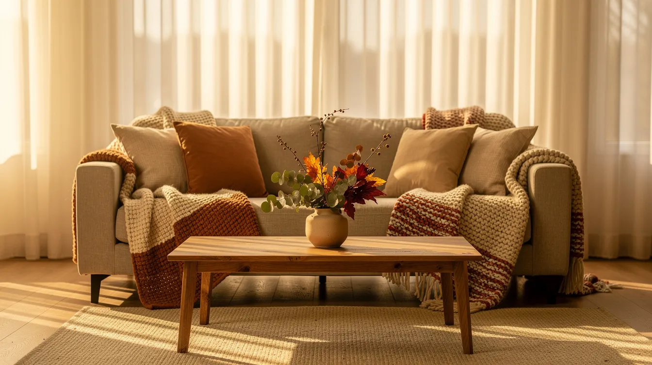 A warmly staged living room features soft afternoon light filtering through sheer curtains, highlighting a neutral sofa adorned with textured throw blankets. A small arrangement of autumn greenery sits on the coffee table, creating a cozy atmosphere ideal for home staging in the greater Sacramento area.