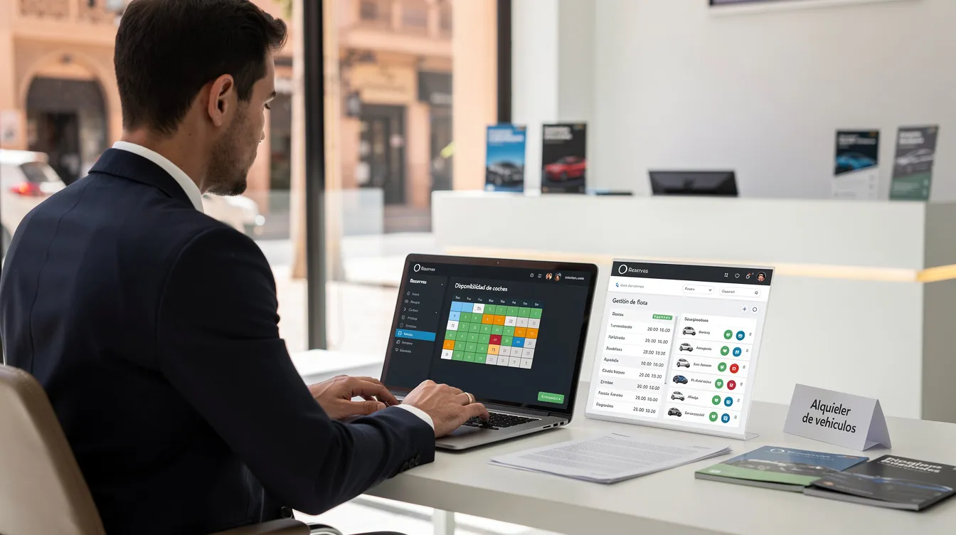 Un gerente de alquiler de coches está sentado frente a su laptop en una oficina profesional en Marruecos, utilizando un software moderno que muestra la disponibilidad de vehículos y reservas. El ambiente es limpio y organizado, lo que refleja un servicio de calidad para los clientes que buscan opciones de alquiler.