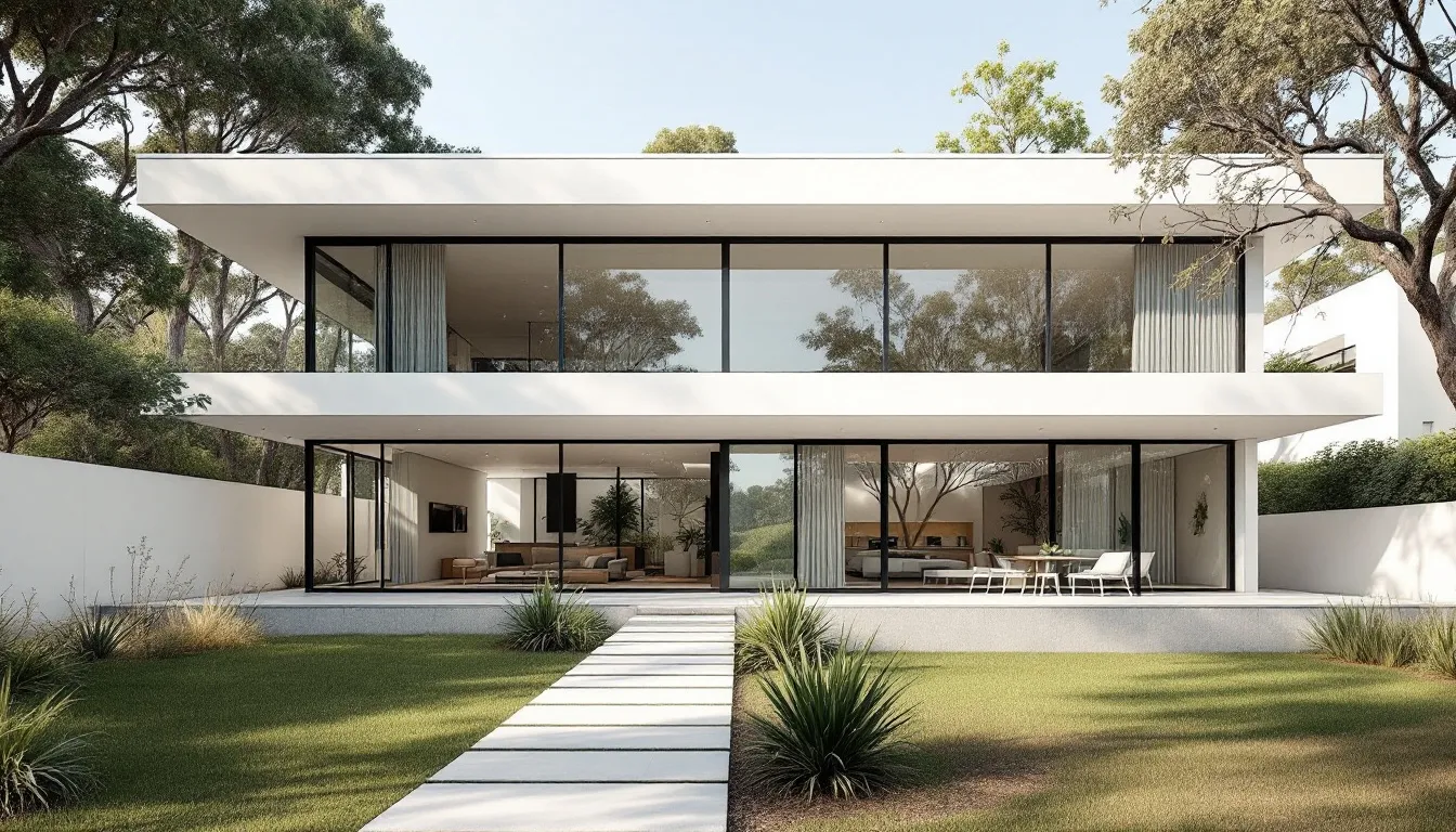 Een modern huis met grote witte Gealan kunststof kozijnen, die de strakke architectonische vormgeving accentueren. De kozijnen bieden uitstekende thermische isolatie en energie-efficiëntie, wat bijdraagt aan het comfort en de duurzaamheid van de woning.