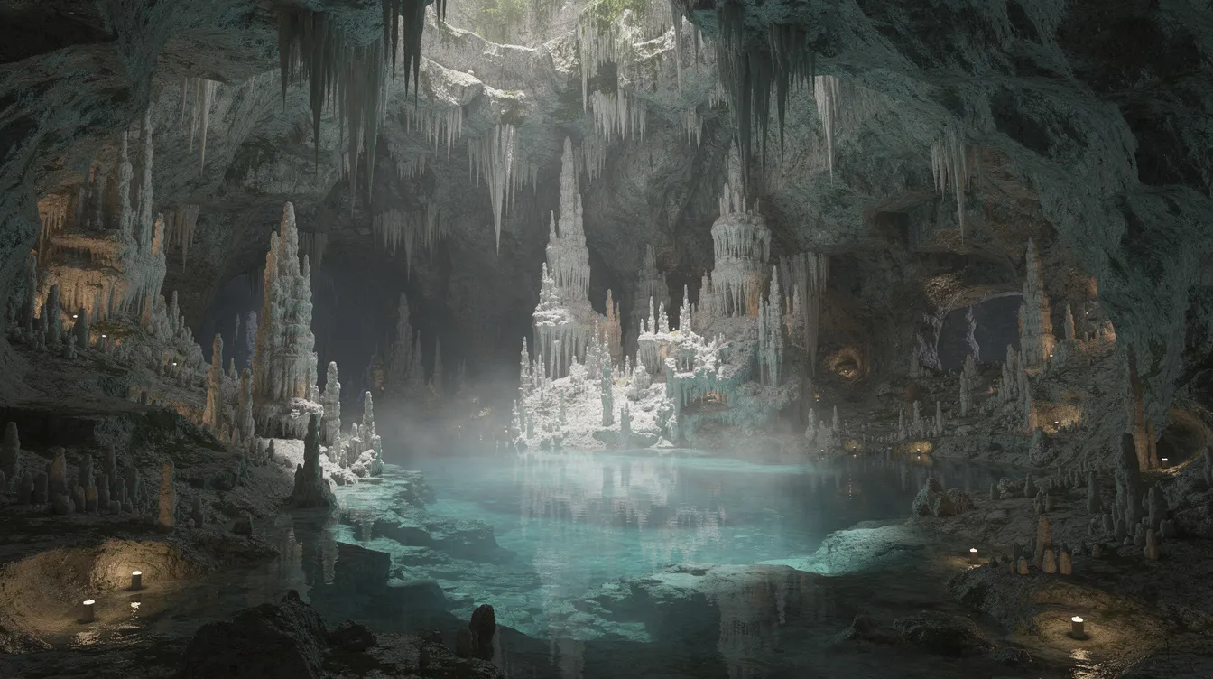 A imagem mostra o interior de uma caverna impressionante, repleta de formações calcárias como estalactites, e uma piscina subterrânea iluminada que reflete tons de azul turquesa. Este cenário natural evoca a beleza e a diversidade cultural das ilhas do Caribe, como Curaçao, um destino ideal para quem busca experiências únicas em suas férias.