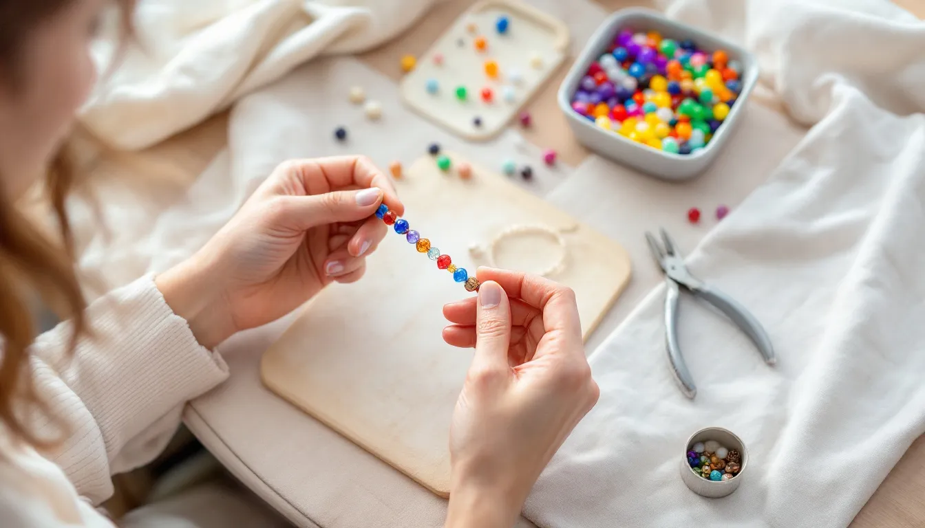 The image showcases the intricate process of creating handmade jewellery, specifically focusing on the beaded collection. It features artisans working with materials like sterling silver and pearls, highlighting the beauty and craftsmanship involved in designing unique pieces for customers to discover and enjoy.