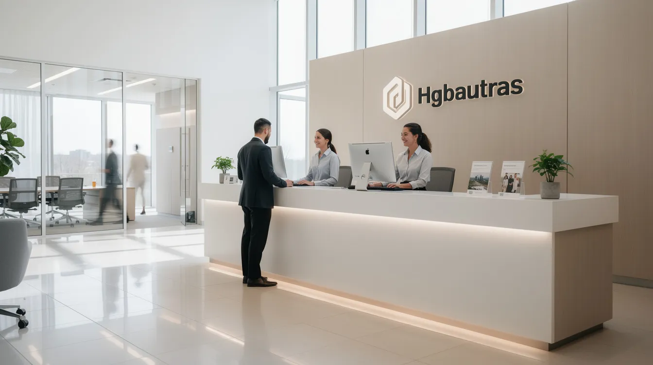 The image depicts a modern customer service counter in an office, featuring a sleek design with a friendly staff member ready to assist clients. The environment promotes efficient communication regarding credit rating inquiries, tu reports, and personal credit history.