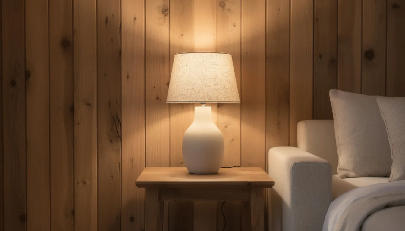 Een gezellige hoek in de woonkamer met een houten wandpaneel in landelijke stijl, een tafellamp met een linnen kap en een keramieken vaas. Deze inrichting voegt een warme en uitnodigende sfeer toe aan de ruimte.