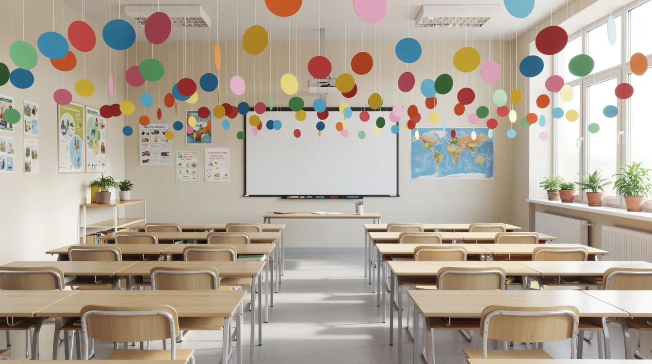 Sala lekcyjna udekorowana kolorowymi kropkami w różnych odcieniach, które wiszą z sufitu, tworząc radosną atmosferę. To doskonała okazja, by świętować międzynarodowy dzień kropki, inspirując dzieci do odkrywania swoich talentów i kreatywności.