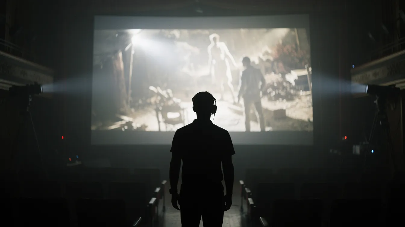 Die Silhouette eines Regisseurs, möglicherweise Ridley Scott, steht vor einer großen Leinwand in einem abgedunkelten Vorführraum, während ein heller, kontrastreicher Filmausschnitt, der an Science-Fiction-Filme erinnert, auf die Leinwand projiziert wird. Die Atmosphäre ist geprägt von der kreativen Energie der Filmproduktion und der magischen Welt des Kinos.