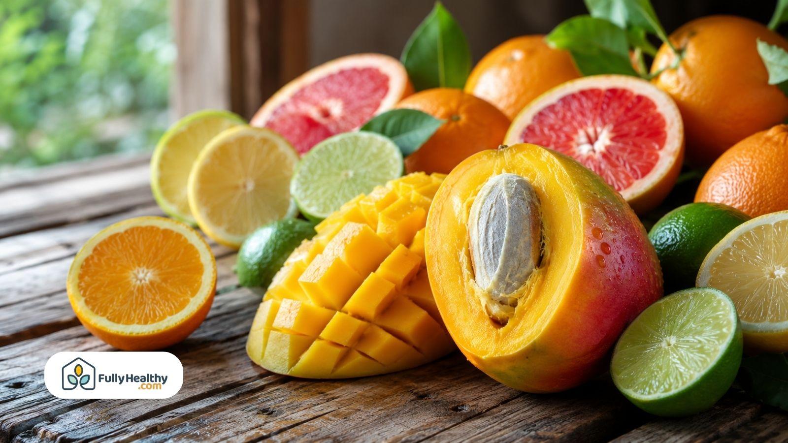 Fresh sliced mango beside oranges lemons limes and grapefruit on rustic wooden table