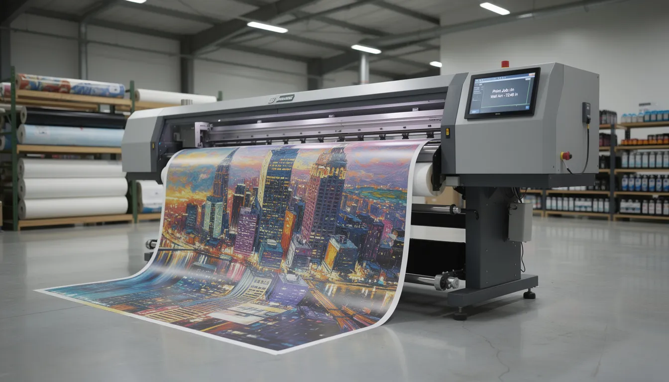 Una stampante di grande formato sta producendo attivamente arte murale sovradimensionata in un impianto di produzione, mostrando il processo di creazione di poster personalizzati con materiali di alta qualità. L'ambiente è pieno di immagini vivaci e poster, sottolineando il potenziale per grandi impressioni in occasioni speciali o fiere.