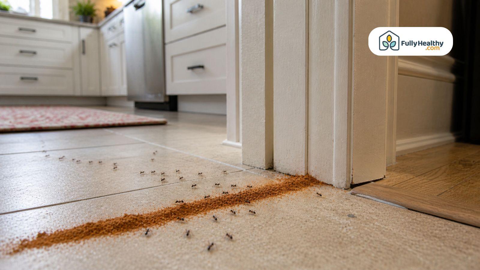 Ant trail stopped by cinnamon line near kitchen doorway entry