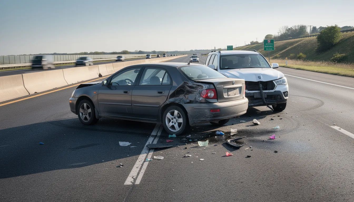 The image shows two vehicles that have been involved in a rear-end collision on a highway, with visible damage to both cars. This type of car accident can lead to serious injuries, including traumatic brain injury, requiring immediate medical attention for those involved.