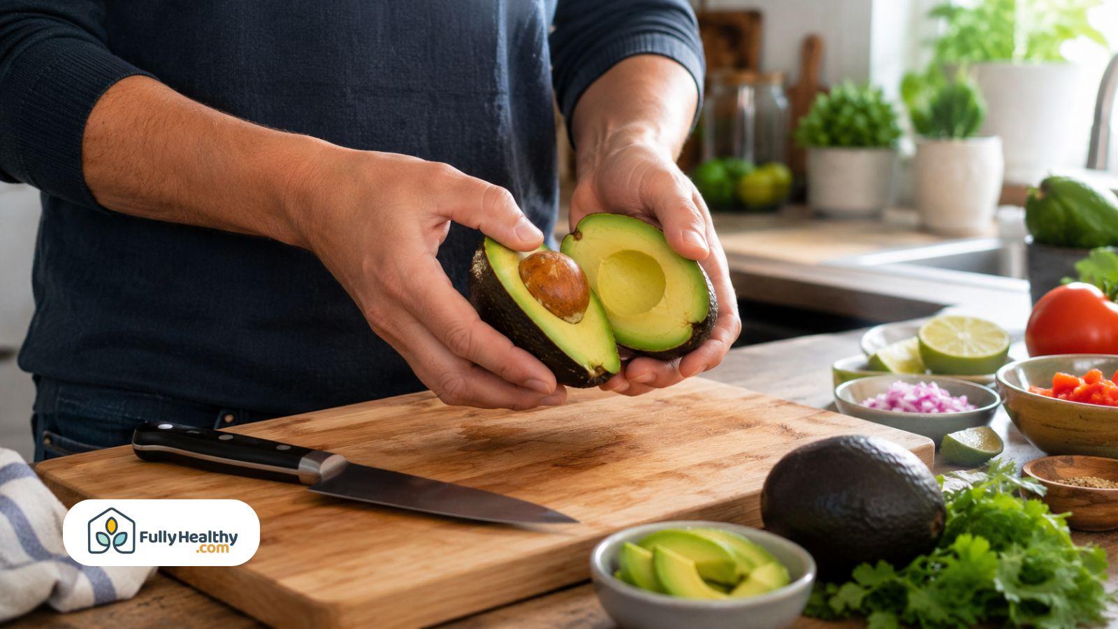 Hands twisting avocado in half over cutting board with fresh ingredients nearby