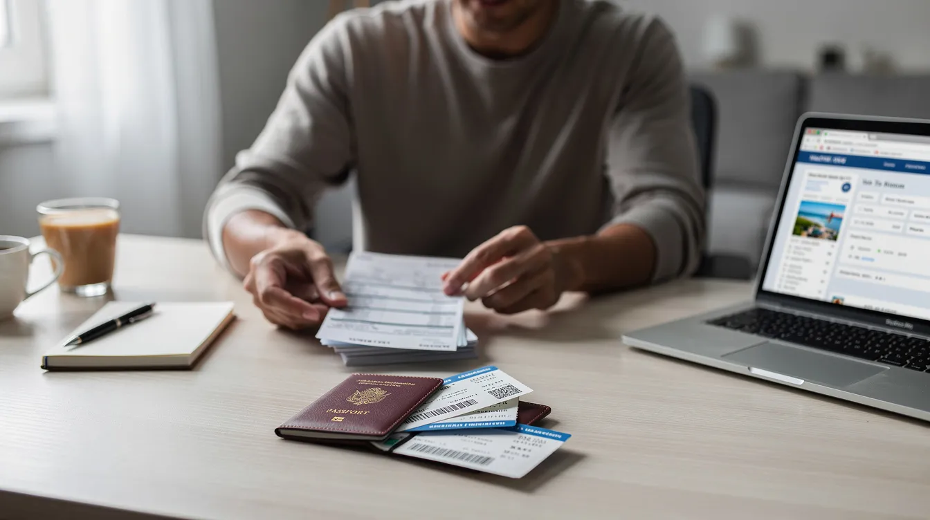 A person is seated at a desk, carefully organizing travel documents, including a passport and printed visa application forms, while a laptop is open beside them. This scene reflects the meticulous planning required for obtaining a Netherlands visa, ensuring all necessary paperwork is complete and valid for their upcoming trip.