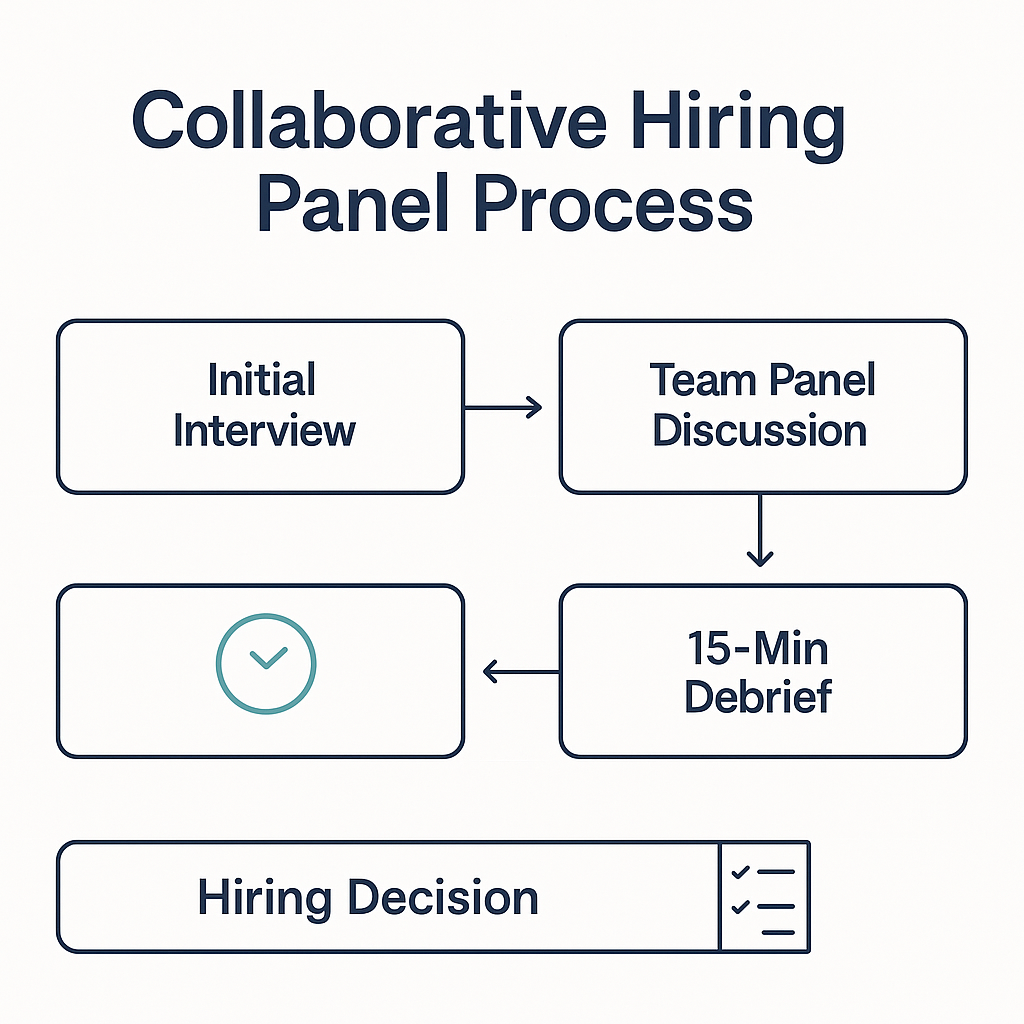Flowchart titled ‘Collaborative Hiring Panel Process’ showing four sequential steps: Initial Interview → Team Panel Discussion → 15-Min Debrief → Hiring Decision. Clean layout with simple icons and clear labels in navy and teal on a light background.